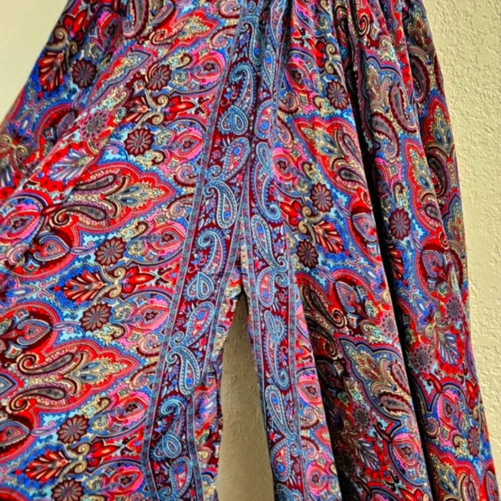Red blue paisley extra wide leg boho flowy pants silk blend size small